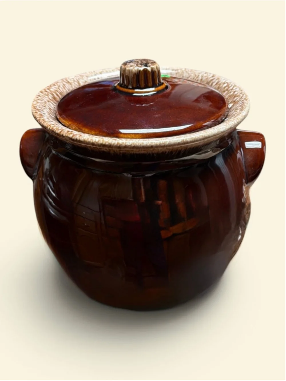 Vintage Hull Oven Proof Bean Pot w Lid Brown Drip Glaze USA 7” Farmhouse Crock